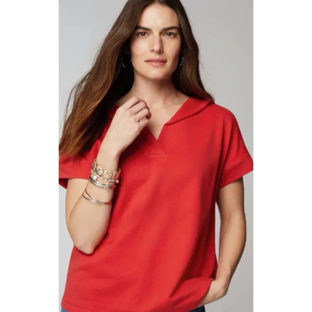 J. Jill Collared‎ Red Short Sleeve Sweatshirt Shirt 100% Cotton Women's XL $59